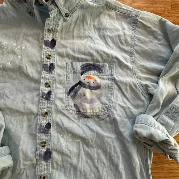 VINTAGE x Faded Light Blue Denim Button Up Snowman Snowfakes l SIZE M - Picture 3 of 8